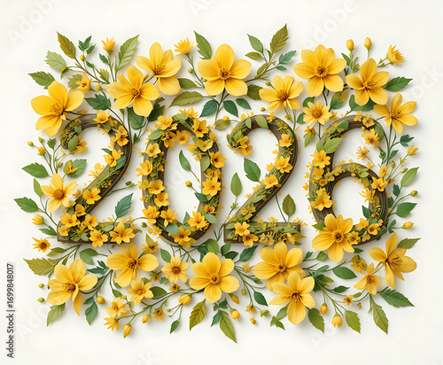 Floral Arrangement Symbolizing the Year 2026 With Vibrant Yellow Flowers and Greenery