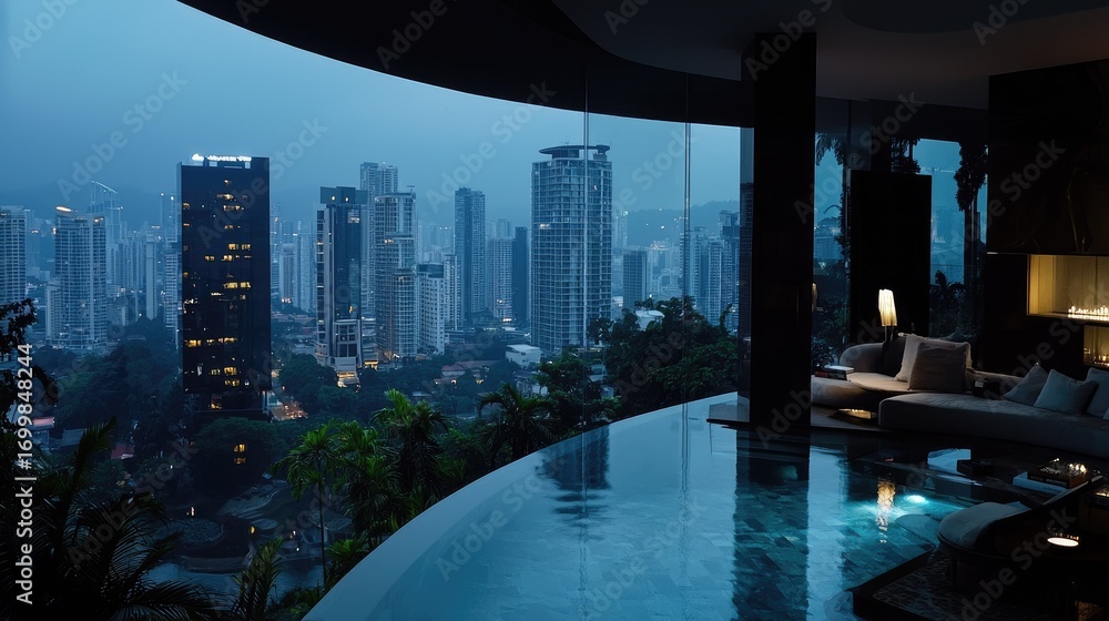 Naklejka premium Panoramic city view from a luxury infinity pool.
