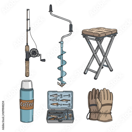 Ice fishing gear set with rod, auger, stool, gloves, and thermos
