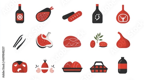 Collection of flat icons depicting various cuts of meat, sausages, and condiments.