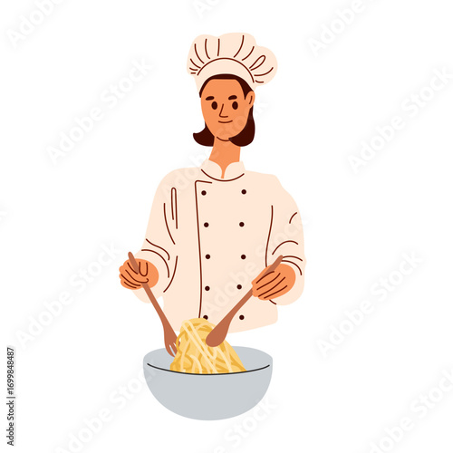 Woman cook cooks spaghetti. Woman in chef's uniform. Bowl of spaghetti. Traditional Italian Food. girl holds fork and spoon with spaghetti, pasta in saucepan. Macaroni Italian Cuisine, Healthy Food.
