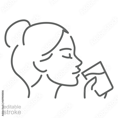 Woman drinking a glass of water icon. Simple outline style. Drink, mouth, face, person, girl, people, hand, skin, thirst, perfect, thirsty concept. Thin line symbol. Isolated design editable stroke.
