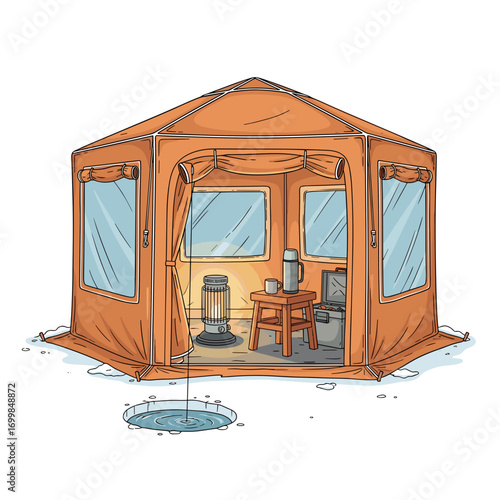 Ice fishing tent with heater, table, and hole in winter scene