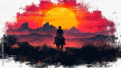 Lone cowboy riding horse at sunset in desert landscape.