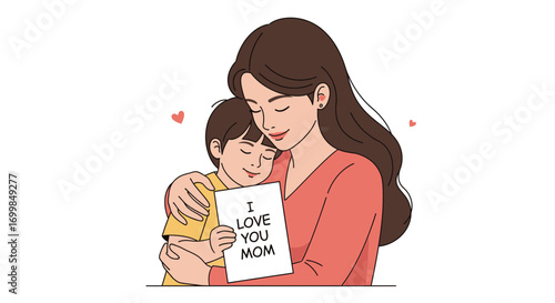 A loving mother and her child sharing a tender moment, the child holds a card that says "I LOVE YOU MOM," celebrating maternal affection and family bonds