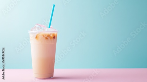 Iced coffee drink in plastic cup with ice and straw on pink and blue background.