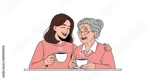 Elderly woman and young woman sharing a warm cup of coffee, smiling and enjoying each other's company, representing generational connection and moments of togetherness