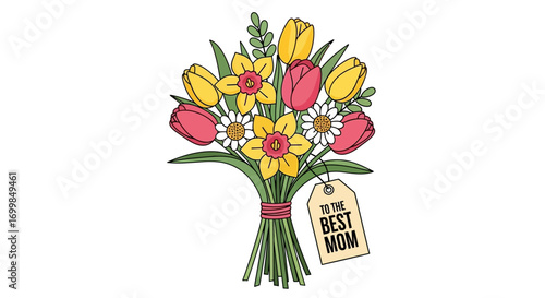 Beautiful bouquet of tulips, daffodils, and daisies with a gift tag that reads 'To the best mom' perfect for Mother's Day or any special occasion celebrating maternal love and appreciation
