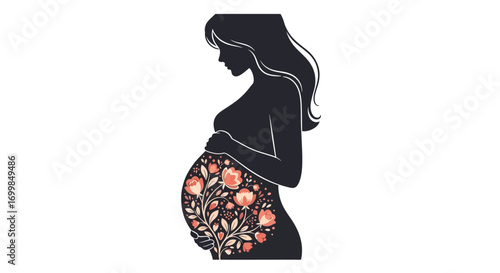 Silhouette of a pregnant woman with a floral design on her belly, representing new life and the beauty of motherhood, symbolizing growth and blooming