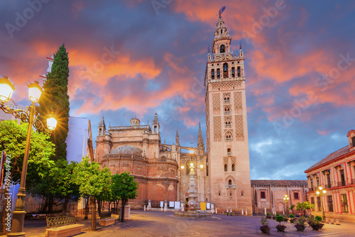 Seville, Spain. Cathedral of Saint Mary of the See with the Giralda bell tower.