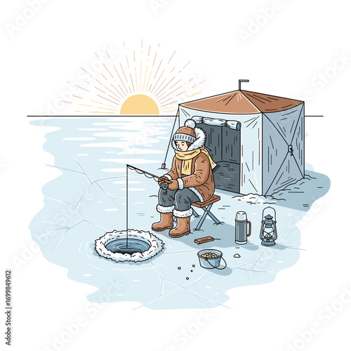 Ice fisherman with tent and gear on frozen lake at sunrise