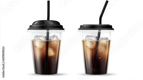 Two iced coffee drinks in transparent plastic cups with black lids and straws.