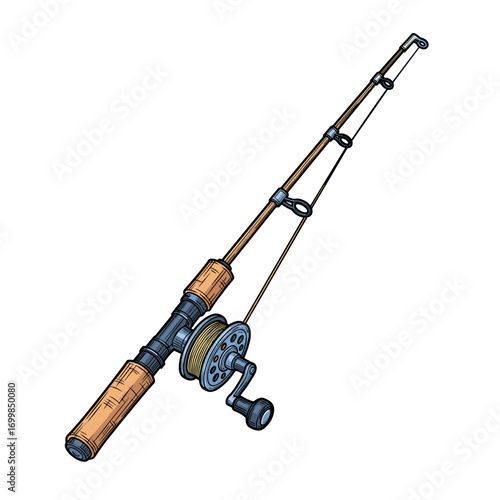 Fishing rod with reel in detailed vector illustration style