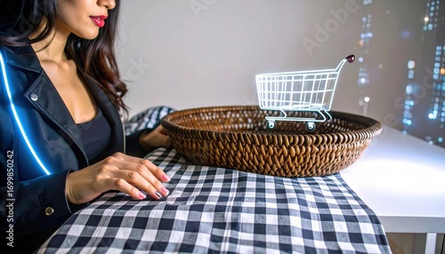Futuristic Online Shopping Woman with Neon Jacket and a Glowing Digital Cart.