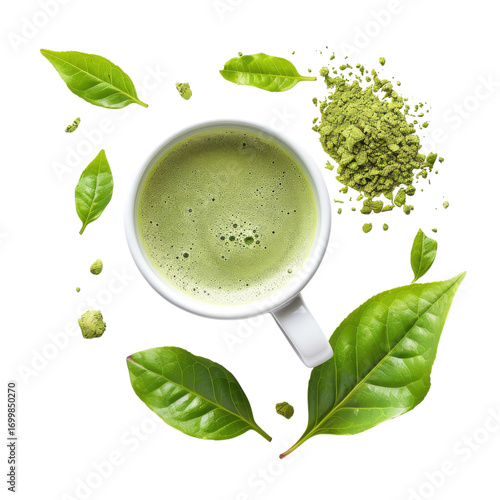 Beautiful green matcha tea served in a white cup surrounded by tea leaves and matcha powder on a bright background
