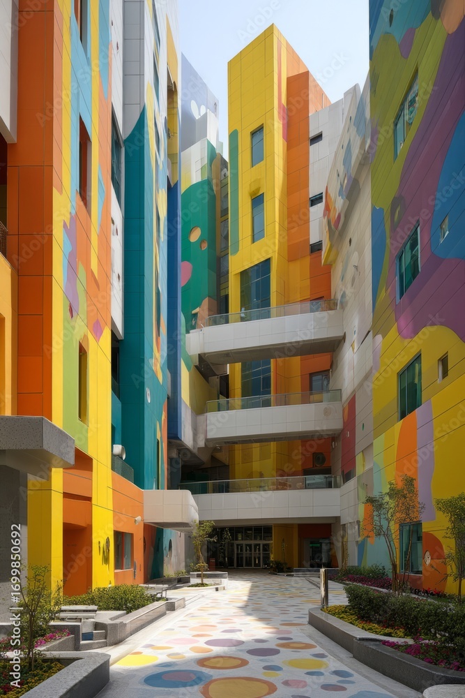 Fototapeta premium A children’s hospital with playful exterior design. Bright murals cover the walls. The mood feels cheerful and comforting, Generative AI