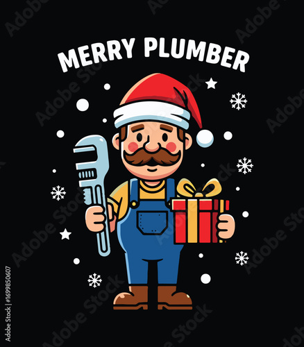 Merry Plumber – Santa Hat Cartoon Tradesman with Wrench and Gift Christmas T‑Shirt Vector