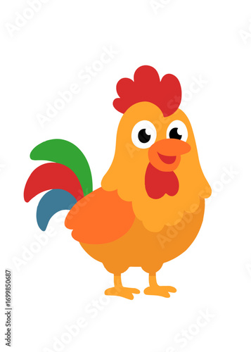 Rooster with colorful feathers, bright farm bird illustration for children’s projects, education, and design use.