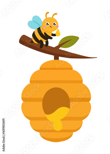 Bee sitting on a branch with honey drop and hive, cute cartoon insect illustration perfect for kids books, education, apps, branding, packaging, and creative design projects.