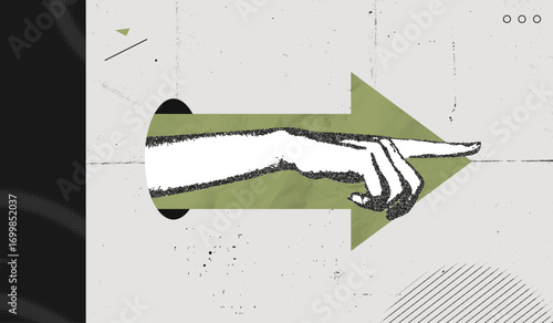Trendy Halftone Stipple Collage Hand pointing finger and forward arrow. Business success and startup development. Social media marketing and promotion. Indicate direction. Vector illustration art