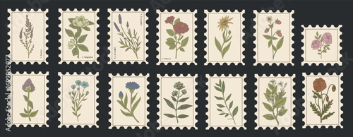 Vintage-style botanical postage stamps featuring detailed illustrations of labeled flowers and herbs like magnolia, lavender, hibiscus, and more. Inspired by antique scientific botanical drawings.