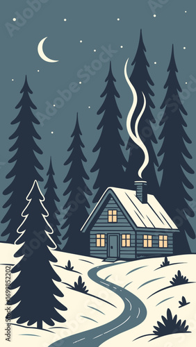 Vector winter forest scene with cozy cabin, snow, chimney smoke, and starry night sky
