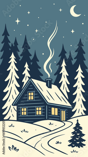 Vector winter forest scene with cozy cabin, snow, chimney smoke, and starry night sky
