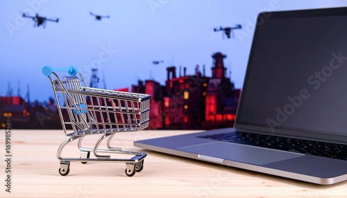 From Click to Flight Ecommerce Concept with Cart Laptop and Urban Drone Delivery.