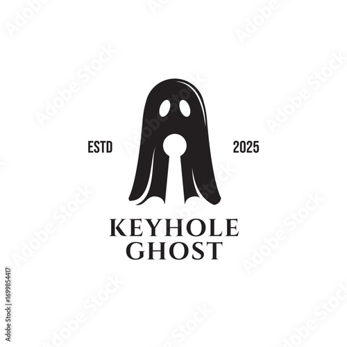 Black ghost with a creative keyhole silhouette logo vector illustration design. Suitable for halloween designs, haunted house posters, spooky party invitations, and horror themed projects.