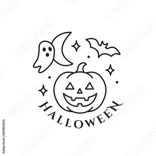 Line art halloween themed composition featuring a pumpkin ghost, bat, and stars. Suitable for invitations, posters, social media posts, and festive designs.