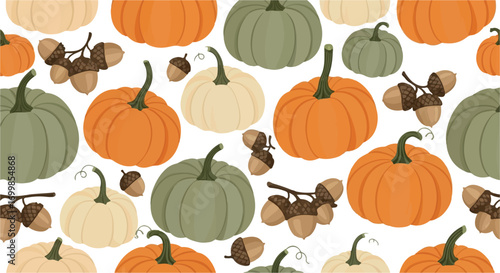 Seamless autumnal design featuring a delightful mix of vibrant pumpkins and natural acorns, perfect for harvest season backgrounds and festive fall decor