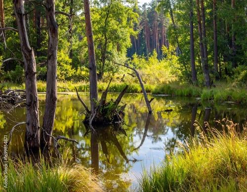 Wallpaper Mural Serene woodland swamp reflection featuring trees and vibrant green foliage Torontodigital.ca