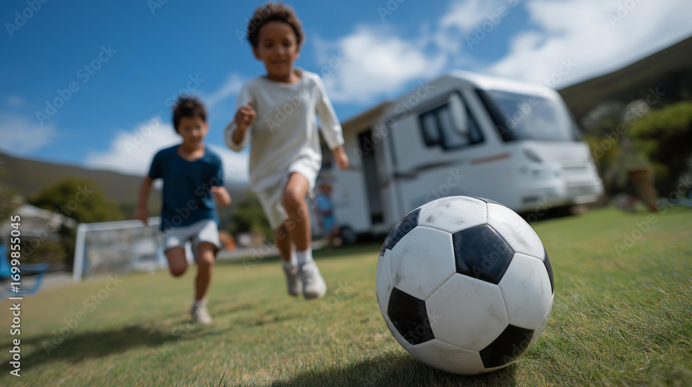 Obraz premium A family plays soccer near their RV at a grassy campground with a ball bouncing kids kicking a goalpost wobbling and the RV parked nearby shown in a lively photo with ball cur