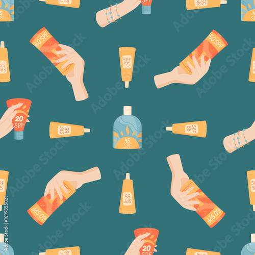 Flat seamless pattern sunscreen bottle tube in repeated motif. Sunblock product, spf lotion container, hold and display. Summer pattern, sun care, flat style background, cosmetic design, health and