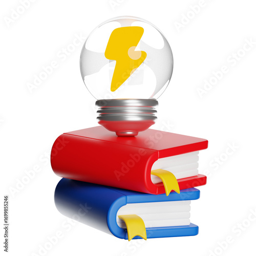 Light bulb with lightning bolt sitting on stack of books symbolizing knowledge and ideas on transparent background