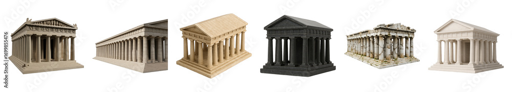 Fototapeta premium Classical temple set including pristine white, weathered, dark, and beige stone variations isolated. Ancient architecture and historical monuments.