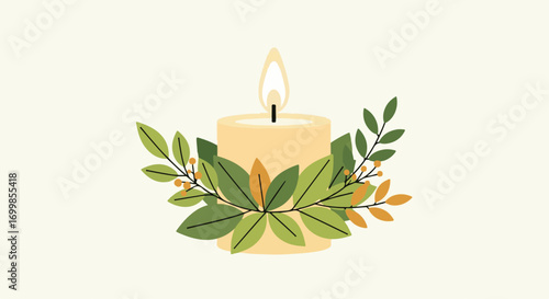 Warm glowing candle surrounded by vibrant autumn leaves and berries, creating a cozy and festive atmosphere for seasonal celebrations and peaceful moments