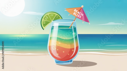 Beach cocktail summer drink tropical vacation ocean view lime umbrella beach bliss illustration design