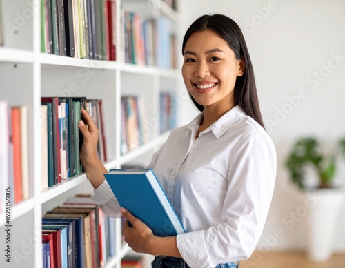 A cheerful Asian woman in a library is happily holding a book while reaching for another on a bookshelf, conveying a positive educational and learning experience.