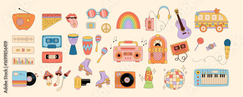 Groovy retro music party sticker set in cartoon graphic style. Cassette, record, disco and festival elements combine with y2k and groovy element for creative sticker collection.