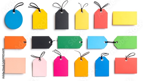 Colorful price tags arranged on a white background