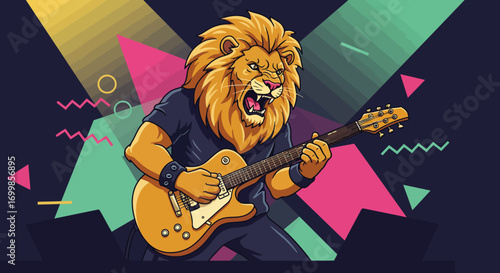 Retro Animal Rockstar A Flat Illustration of a Lion with an Electric Guitar and a Cool Aesthetic