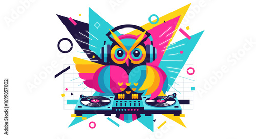 Colorful flat vector illustration of a retro animal owl DJ character with headphones on a vibrant abstract background