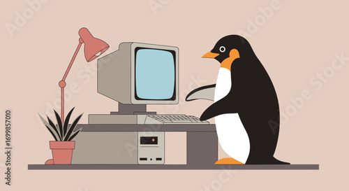 Retro computer with a cute penguin in flat design, a charming animal illustration with a nostalgic feel