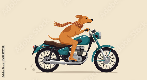 Adventurous animal on a retro journey, a flat style vector illustration of a cool dog riding a motorcycle