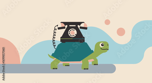 Retro animal telephone illustration a flat design of a tortoise carrying a classic phone on its back