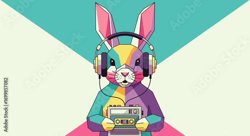 Retro Animal Listening to Music A Colorful Flat Illustration with a Cassette Player