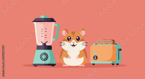 Retro Hamster's Kitchen A Flat Illustration of a Cute Animal with Blender and Toaster