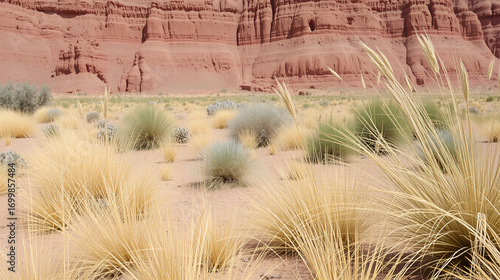 Asia, Mongolia, Eastern Gobi Desert. Grasses and desert plants along with rock formations abound in the Eastern Gobi Desert.