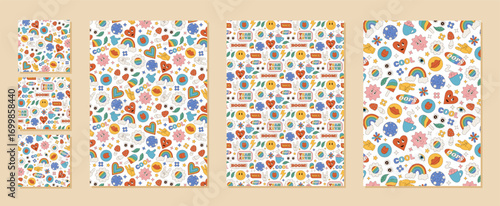 Groovy retro seamless pattern set in funky colorful cartoon graphic style with sticker heart, flower and smiley. Y2k inspired background delivers pop feel and playful positive vibe for modern